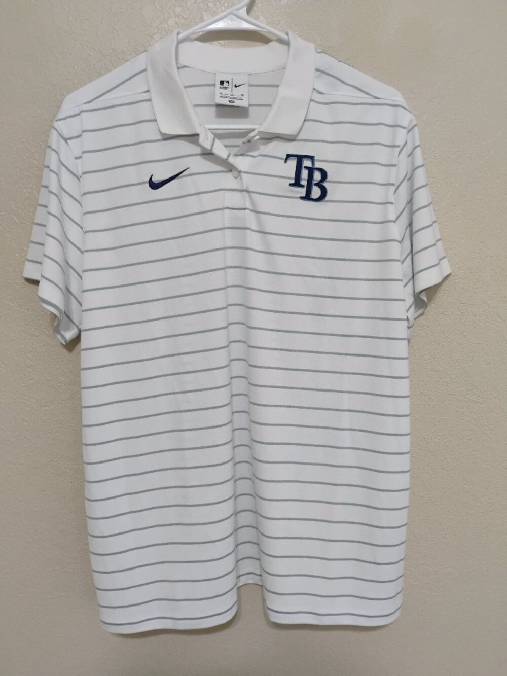 Nike Tampa Bay Rays Mens XL White Gray Striped Dri-FIT MLB Polo
